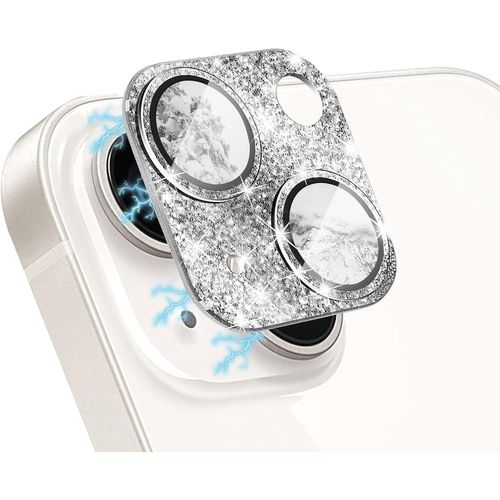 Glitter Femmes Caméra Arrière Protecteur Pour Iphone 14/Iphone 14 Plus, Film Lentill De Protection Dureté 9h Verre Trempé Protecteurs Pour Iphone 14/Iphone 14 Plus Argent