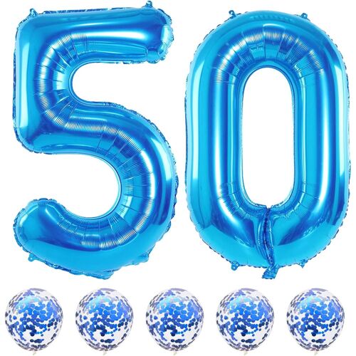 SJZG-Ensemble De Ballons En Aluminium En Forme De Chiffre 50 De 101,6 Cm Avec Ballons Confettis Bleus, Ballons À L'Hélium En Forme De Chiffre 5 Et 0 Pour Homme Et Femme, Décorations Fête De 5E Annive