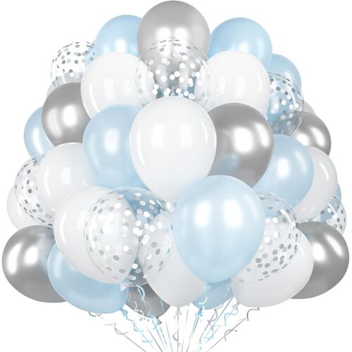 SJZG-60 Pièces Ballons Bleu Blanc, 12 Pouces Mat Bleu Blanc Argent Métallisé Latex Ballon Avec 2 Rubans Et Ballons Confettis Pour Garçons Hommes Anniversaire Baby Shower Mariage Fiançailles Décoratio