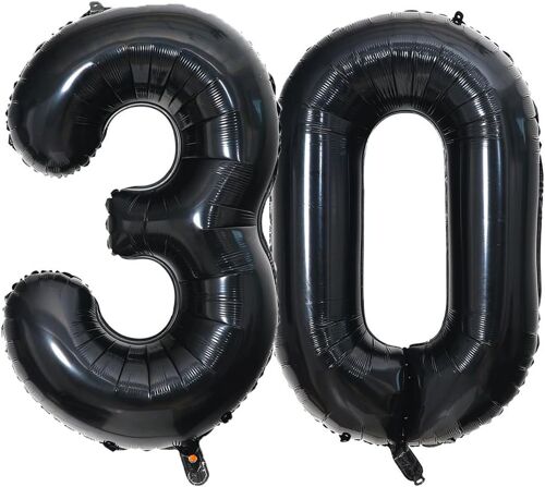 SJZG-Grand Ballon En Aluminium En Forme De Chiffre 30 Pour Hommes Et Femmes - 101,6 Cm - Noir - Grand Ballon En Forme De Chiffre 30 - Décoration De Fête D'Anniversaire
