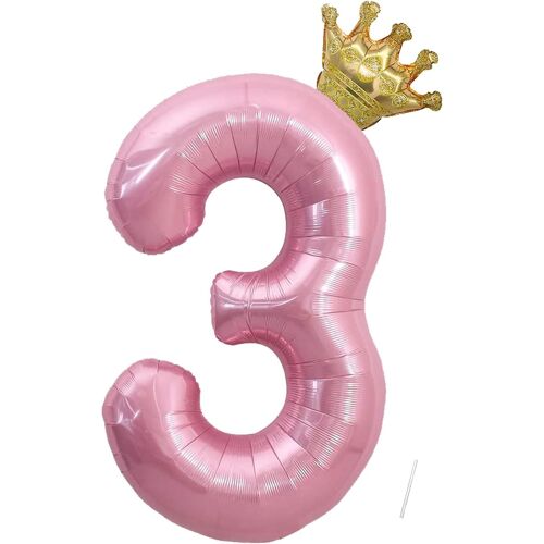 MEVRONISSHOP-40 Pouces Ballon Chiffre 3, Ballon Chiffre Numéro 3, 3 Number Ballon Age Gonflable Anniversaire, hélium Ballon Chiffre 3, Ballons de numéro de Rose avec Couronne, décoration de Mariage