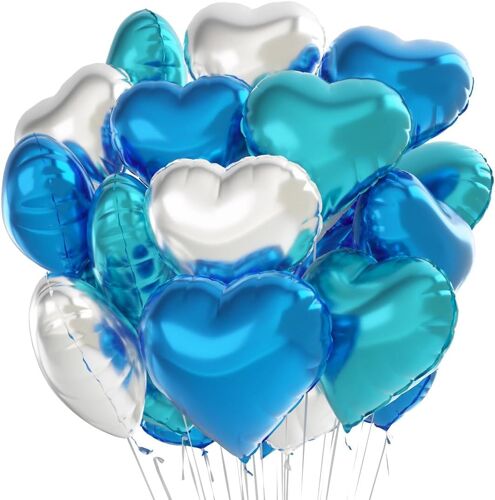 SJZG-Ballon Coeur Argent Bleu 24 Pcs, Baudruche En Forme De Coeur,Ballons De Fleuret,Ballon Helium Coeur Pour Anniversaire, Mariage, Saint Valentin, Décoration De Fête De Noël