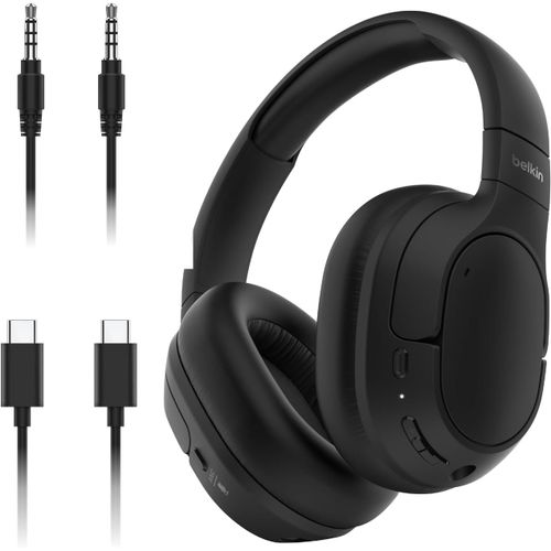 SUBZONAL-Belkin SoundForm Isolate Casque Bluetooth sans Fil avec ANC Hybride (Casque Audio à réduction de Bruit, 60 h de Lecture, Basses Profondes, Oreillettes CloudCushion, Utilisation en déplacemen