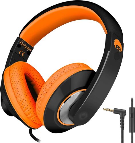 KALANKA-Casque Audio Enfant, Over Ear Casque Filaire avec Micro pour Enfants, Pliable, Serre-tête Ajustable, Audio Jack 3,5mm, pour Garçons Filles École Voyage PC Tablette Téléphones (Noir Orange)