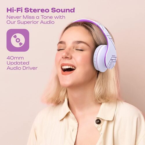 Casque Bluetooth Sans Fil, Casque Audio Stéréo Pliable Sans Fil Et Filaire Avec Micro Intégré, Micro Sd/Tf, Fm Pour Iphone/Wiko/Samsung/Ipad/Pc (Blanc/Violet)