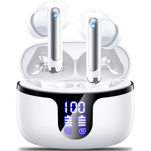 Ecouteurs Bluetooth Sans Fil, Mony Casque Bluetooth Sport 5.3 Avec 4 Enc Réduction Antibruit Oreillette Mic Son Stéréo 42H Durée Lecture Ip7 Écouteur Sans Fil Hifi Écran Led Pour Ios Android Blanc