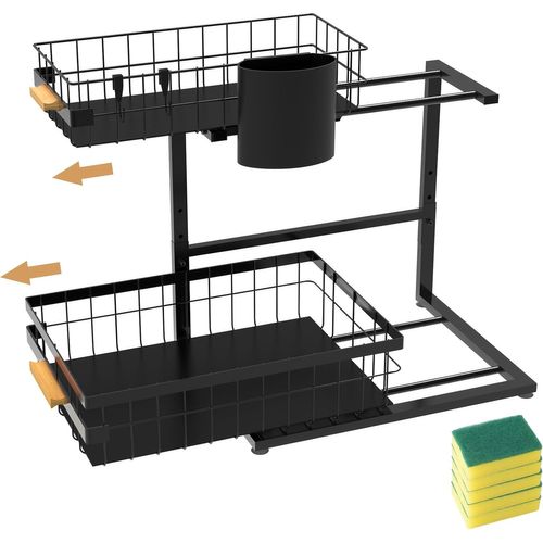 MEVRONISSHOP-Organiseur sous évier, 2 niveaux de rangement sous évier, étagère coulissante en métal pour cuisine, salle de bain, garde-manger, placard