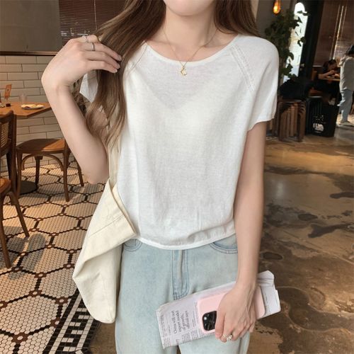 Pull D'été Ample À Col Rond Raglan Polyvalent En Laine 6 Laine Légère À Manches Courtes Pour Femmes