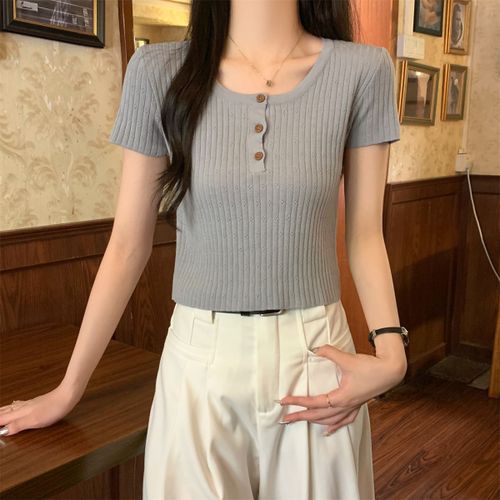 Pull D'été À Col Rond Et Boutons, En Laine, À Manches Courtes, Pour Femme