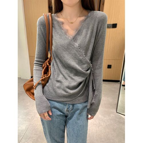 Pull En Laine Tricoté Irrégulier À Col En V Et Coutures En Dentelle À Taille Croisée, Automne Et Hiver