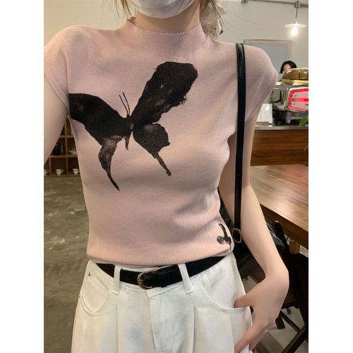 Pull En Tricot Slim À Manches Courtes Et Imprimé Papillon Pour Femme, Coupe Ajustée Et Estivale