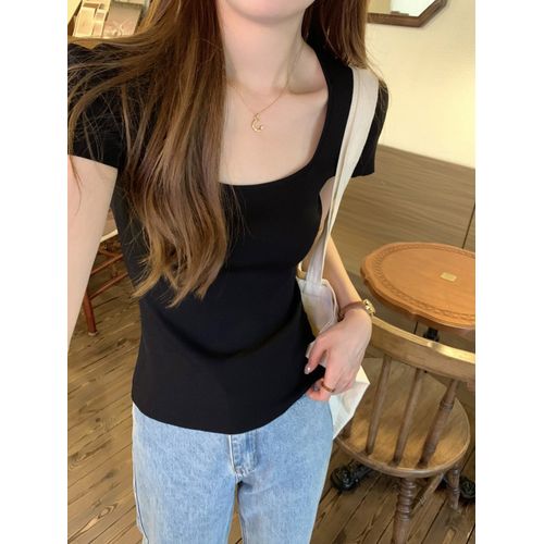 Pull Tricoté À Manches Courtes Et Col Carré Pour Femme, Coupe Ajustée, Simple, Fin Et Polyvalent