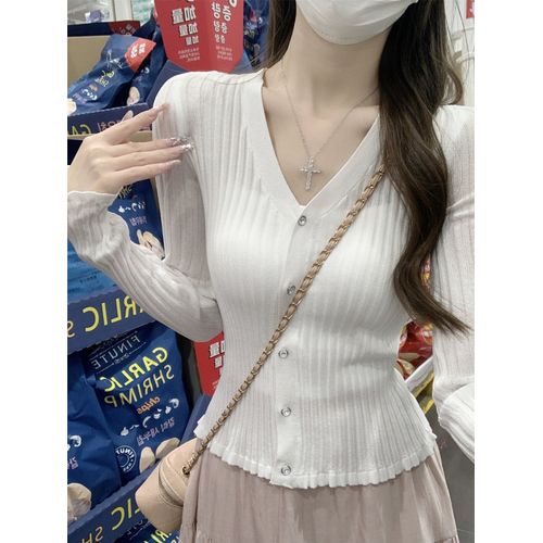 Cardigan À Col En V Et Boutons En Diamant Doux, Style Estival, Haut Tricoté Avec Protection Solaire, Vêtement D'extérieur Pour Femme