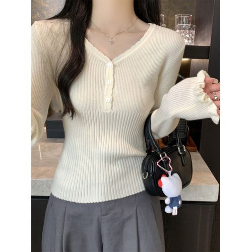 Pull En Laine Tricoté À Col En V Et Manches Trompette En Dentelle Boutonnée, Idéal Pour L'automne Et L'hiver