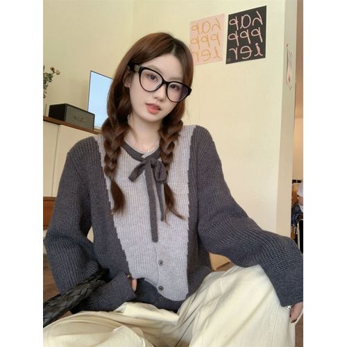 Cardigan Tricoté Polyvalent En Velours Arctique Pour Femme, Couleur Contrastée, Ample, Automne Et Hiver