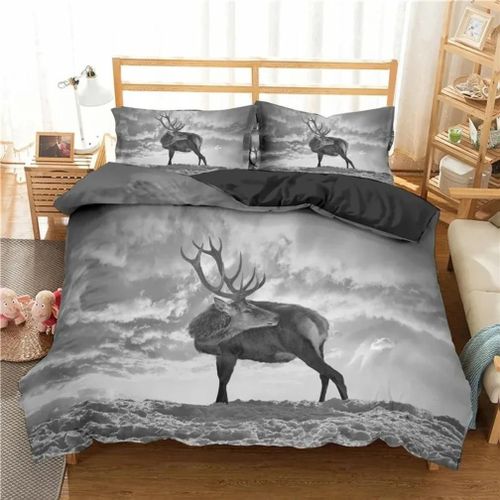 Parure De Lit Imprimee En 3d Avec Housse De Couette, Taies D'oreiller Et Motif Cerf Et Élan Au Coucher Du Soleil