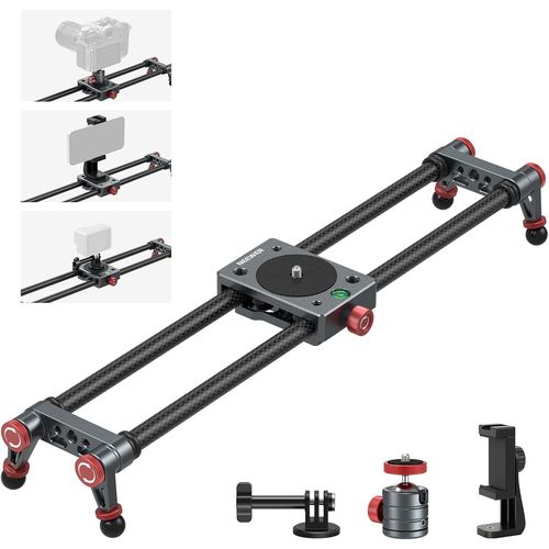 NEEWER Curseur de Caméra en Fibre Carbone 40cm avec Rotule 360°/Pince Téléphone/Support de Caméra d'action,Rail Dolly Rail avec 4 Roulements et Pied,Compatible avec GoPro Insta360 iPhone Android,CS1M