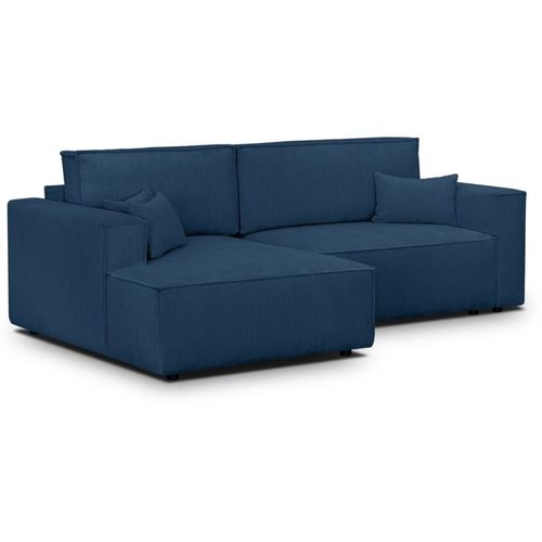 Canapé D'angle Gauche Convertible 3 Places - Velours Côtelé Bleu