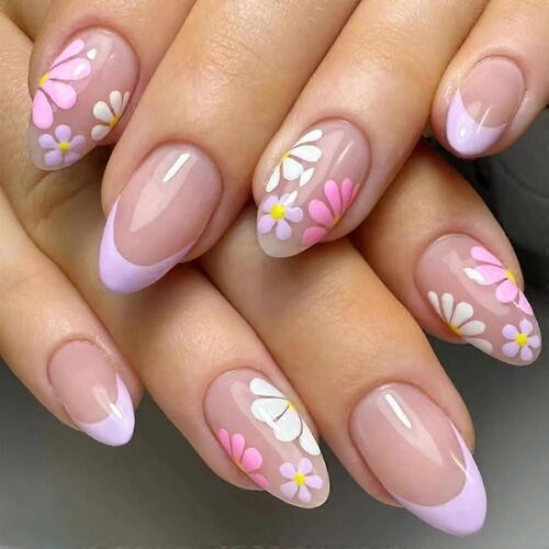 24pcs Rose Presse Sur Les Ongles Amande Courte Faux Ongles Nude Rose Avec Ongles Conseils Manucure Design Fleur D'été Faux Ongles Bâton Sur Les Ongles Couverture Complète Artificiel 