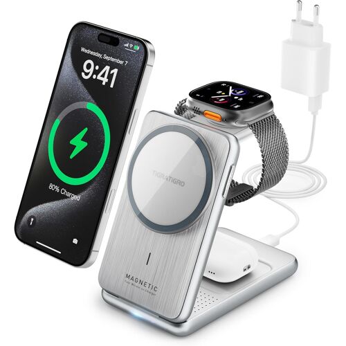 Wireless Charger Station, Magnetic Foldable 3 In 1 With 15w Fast Charging Charger For I-Phone Series 16/15/14/13/12, Watch And Air-Pods (Silver)