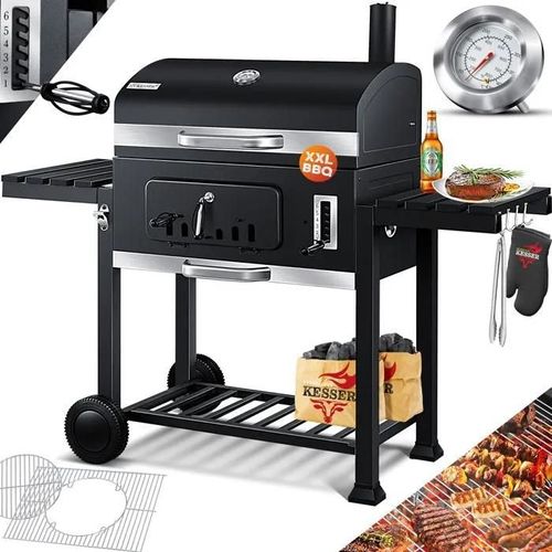 KESSER® Barbecue à charbon de bois XXL avec couvercle | Chariot à BBQ | Fumoir Avec Roues et thermomètre Noir