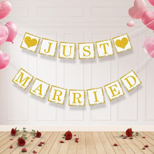 Bannière « Just Married »-Fournitures de fête de mariage à suspendre-Décorations romantiques « Just Married »-Pour fête prénuptiale,anniversaire,banquet de mariage-Doré