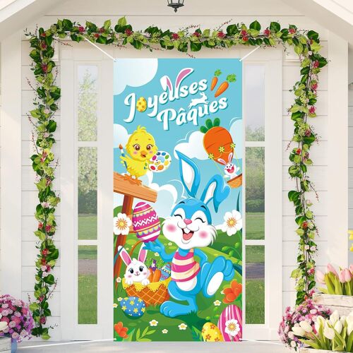 KALANKA-Français Joyeuses Pâques Porte Bannière pour Pâques Décoration, Joyeuses Pâques Bannière pour France Pâques Porte Extérieure Décoration, Pâques Toile de Fond Jardin Mur Décoration, 185 * 90cm