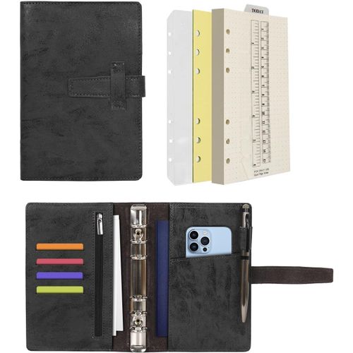 Teppc-A6 Carnet De Notes En Cuir Rechargeable 6 Anneaux Classeur Avec Papier Pointillé Agenda Et La Couverture Multi-Poches Pour Les Voyages D'études Commerciales (A6, Noir)