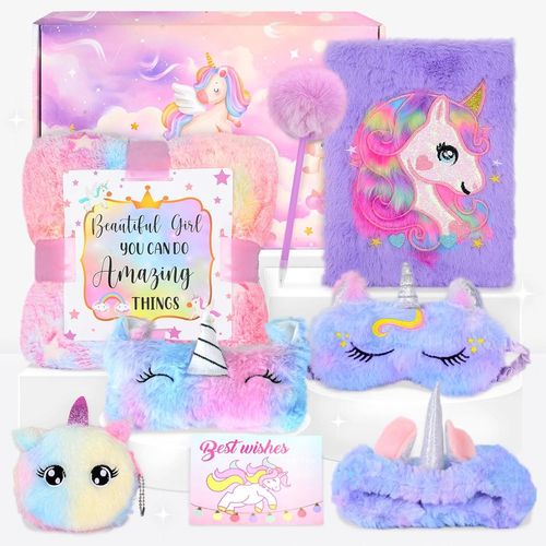 Asfasfq-Licorne Cadeau Fille 3 4 5 6 7 8 Ans, Peluche Licorne Cadeau Fille Enfant Pour Journal Intime Avec Stylo Porte Monnaie,Couverture Polaire Licorne Masque Bandeau Jouet Cadeaux Anniversaire Pâq
