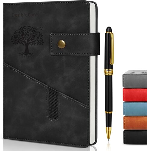 A5 Carnet De Notes Lignées,Journal Couverture Rigide Premium Cuir Vegan Avec Atylo Et Pochette,Papier Épais Journal Intime Pour Femmes,Hommes,École Et Bureau,22,3 X 14,6 Cm,Noir