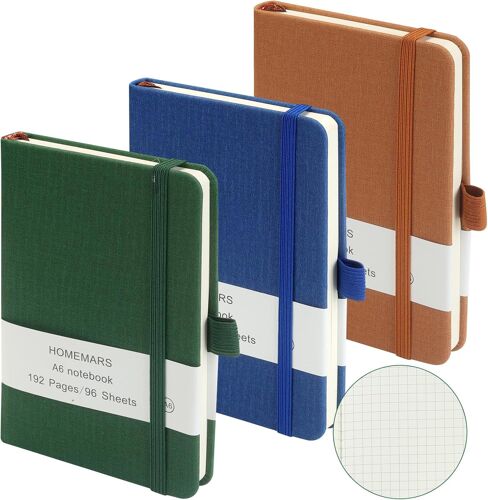 Carnet De Notes,Papier Quadrillé,3 Paquet,Carnet A6,Petits Carnets,192 Pages Chacun,Couverture Rigide,Boucle Pour Stylo Robuste,Squared,Vert Marron Bleu
