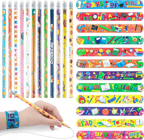 Coffret Cadeau Pour La Rentrée Scolaire Des Enfants,24 Pièces Cadeau De Papeterie De Rentrée Scolaire,Bracelet Slap,Crayons Hb Avec Gomme