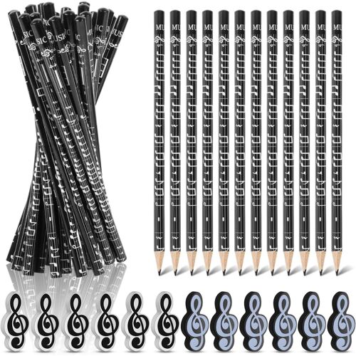 36 Pièces Papeterie Musique à thème,24 Crayons à Thème avec Musique + 12 Gommes À Symboles De Musique,HB Crayons à Papier,Crayon Note de Musique Pour étudiants,Enfants,Cadeaux de Fête (2)