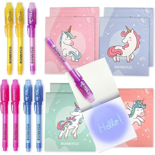 MEVRONISSHOP-Stylo Encre Invisible et Carnet de Notes, Pack 8 Licorne Petits Cadeaux Anniversaire Licorne Fille et Garcon. Cadeau Anniversaire Enfants Invités, Jouet Pinata. Pochette Surprise Élèves