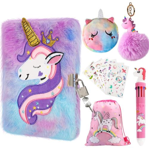 ChenQuanSarl-Journal Intime Fille, 6 Pièces Carnet Secret Licorne Enfant Avec Cadenas Et Clé, 160 Pages Recto-Verso A5 Peluche Cahier, Papeterie Cadeau Avec Stylo, Autocollants Pour Filles 6 7 8 9 An