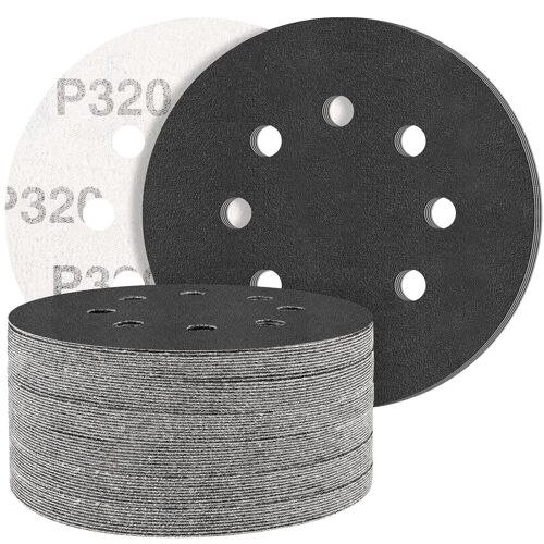 Lot de 50 feuilles de papier abrasif en carbure de silicium 125 mm grain 320 Rond - 8 trous - Idéal pour les voitures en métal