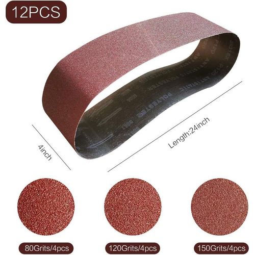 Bande Abrasive 100 x 610 mm Bande de Ponceuse - Ensemble de Bandes Abrasives Mixte (4 X grains 80/120/150) pour Ponceuses à Bande, Idéale pour le Bois(12 pièces)