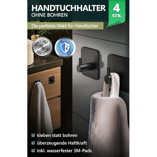 TZF-Porte-serviettes sans perçage - Lot de 4 crochets adhésifs noirs - Crochets pour serviettes de salle de bain en acier inoxydable - Extra solides - Crochets muraux élégants