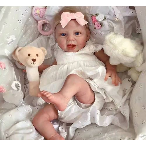 Poupée Reborn Fille Yeux Bleus Cheveux Blond Bébé Ultra Réaliste Nouveau-né 45cm