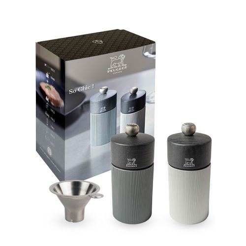 So Chic Duo De Moulins Manuels À Poivre Et À Sel Line Carbone 12 Cm Et Entonnoir En Inox En Coffret Cadeau