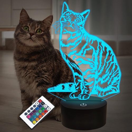 Chat Pet Cadeaux Pour Enfants Filles, 3d Illusion Led Lampe Chat Veilleuse Avec Télécommande 16 Couleurs Changeantes Décoration Lampes De Chevet