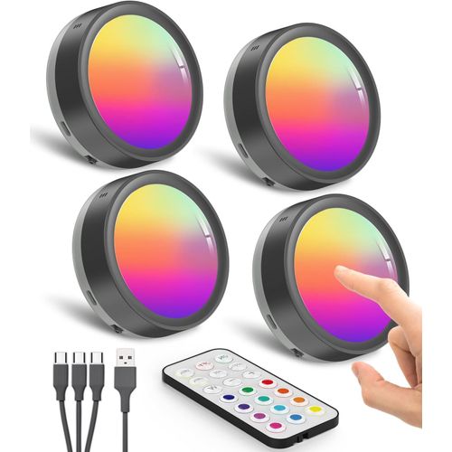 Lampe De Placard Led Rechargeable Avec Telecommande, Batterie De 1600mah Spot Led Rgb Sans Fil Usb Éclairage Vitrine Couleur Spot Autocollant Cuisine Sous Meuble Tactile Lumiere Armoire A Pile Noir