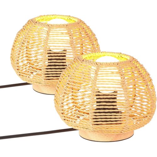 Lot De 2 Lampe De Table Tissée Lampe De Chevet Style Bohème Abat-Jour En Papier Ficelle Lampe Vintage Bois Éclairage De Table Veilleuse Déco Pour Chambre Bureau Lecture