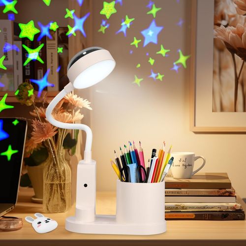 Lampe De Bureau Led Pour Enfants, Lampes De Table Sans Fil Rechargeable Avec Projection D'étoile, Lampe De Chevet Led Avec Porte-Stylo, 3 Luminosité Dimmable Lampes De Lectuire Pour Enfants