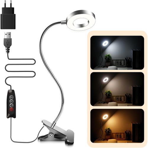 Lampe De Bureau Usb Avec Pince Et Adaptateur, 48 Led, 3 Couleur Et 10 Intensite, Flexible Clip Lampe De Lecture À Pince Au Lit, Dimmable, Argent