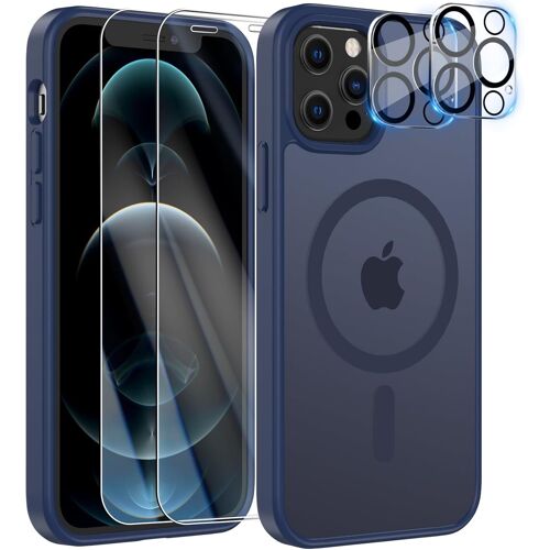 SJZG-Magnétique Coque Pour Phone Avec 2 Verres Trempés Et 2 Caméra Protecteur, Compatible Magsafe Anti-Jaunissement Dos Anti Rayures Coque Antichoc Tpu Bumper (Bleu Foncé, Iphone 12 Pro Max)