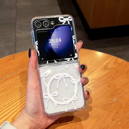Coque Magnétique Pour Samsung Z Flip 7 Fe/Z Flip 6/Z Flip 5 5G Transparent Étui Avec Recharge Sans Fil, Housse De Téléphone En Motif De Noeud Arc Papillon Antichoc Bumper Cover Case, Blanc