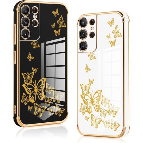 SJZG-[2 Packs Coque Pour Samsung Galaxy S21 Ultra 5G, Silicone Tpu Antichoc Housse, Étui Avec Motif Papillons Butterfly Et Bordure Dorée Anti-Rayures Fille Femme, Noir Et Blanc