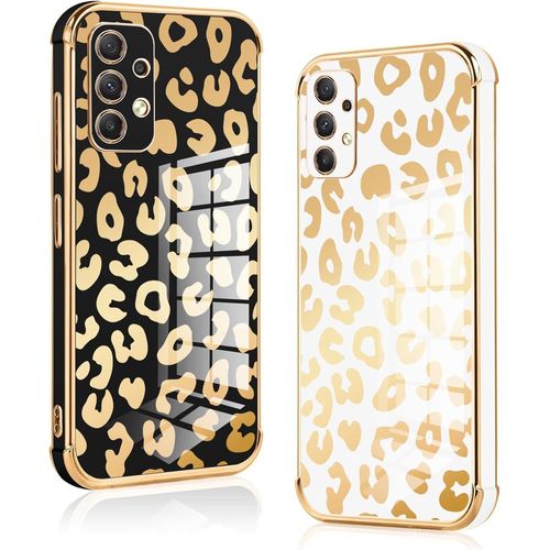 SJZG-[2 Packs Coque Pour Samsung Galaxy A13 4G, Silicone Tpu Antichoc Housse, Étui Avec Motif Léopard Mignon Et Bordure Dorée Anti-Rayures Fille Femme Pour Samsung A13 4G, Noir Et Blanc