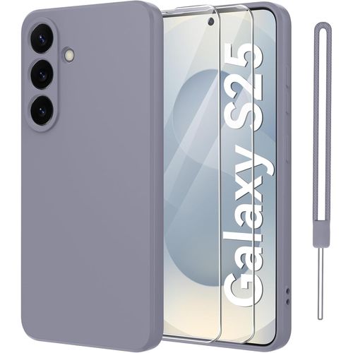Coque Silicone Liquide Pour Samsung Galaxy S25 + 2 Films, Protection Caméra Rehaussée, Toucher Soyeux, Intérieur Microfibre, Cordon Détachable, Antidérapante, Compatible Recharge Sans Fil - Gris